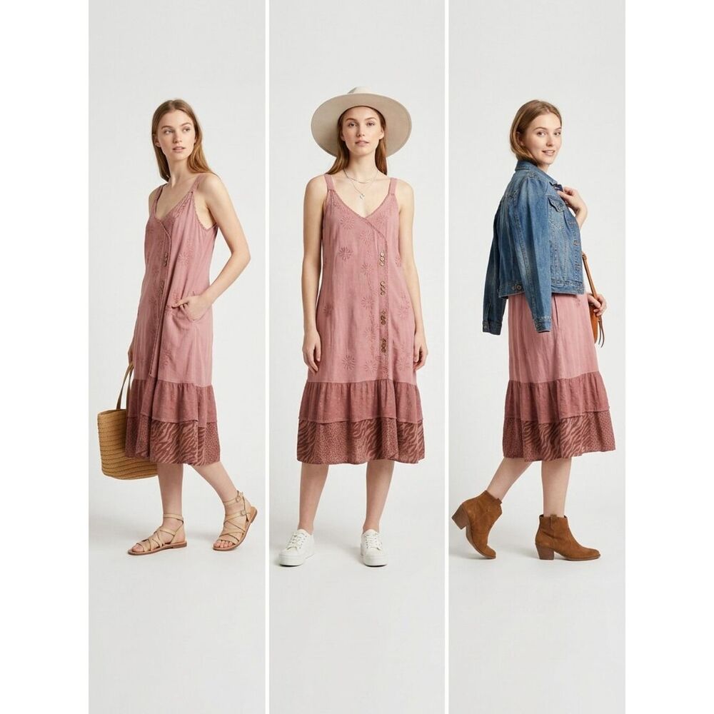 raya sun Dusty Rose Embroidered Tiered Midi Dress